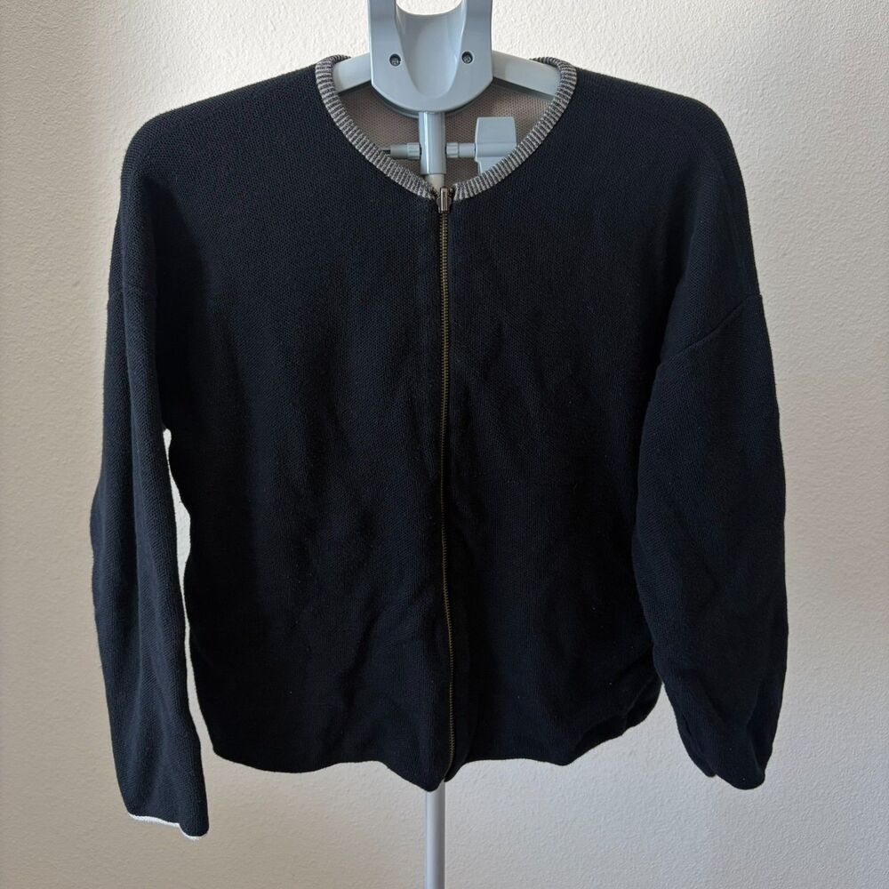 Eileen Fisher Zip Sweater‎ Organic Cotton Black Sustainable Minimalist Size L